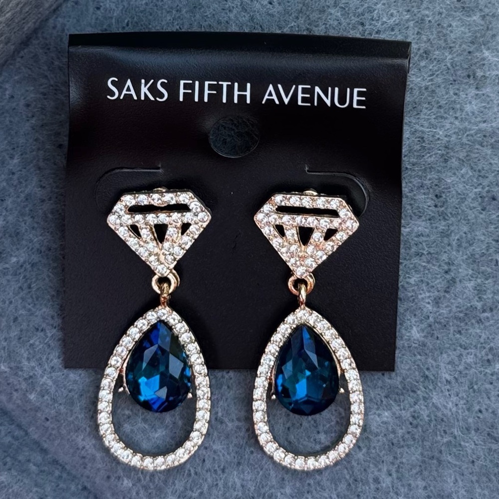 Saks Fifth Avenue Gold Tone Teardrop Diamond Shape To Dangle Sapphire Earrings